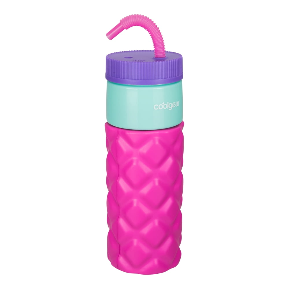 (2 pack) Cool Gear 24oz Plastic Retro Squishy Water Bottle, Quilted Pink with Foam Grip and Resealable Straw