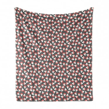 Mushroom Soft Flannel Fleece Throw Blanket, Cartoon Style Amanita Mushrooms on Grey Background with Dots, Cozy Plush for Indoor and Outdoor Use, 70" x 90", Dark Coral White, by Ambesonne