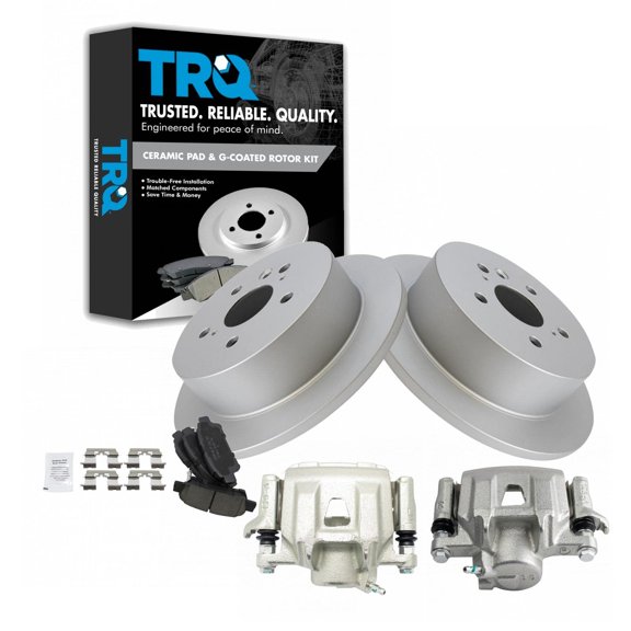 TRQ Rear Brake Pad & Rotor Kit Brake Caliper Brake Pads Brake Rotor Ceramic Solid Premium G-Coated Fits Select 2004-2010 Toyota Sienna