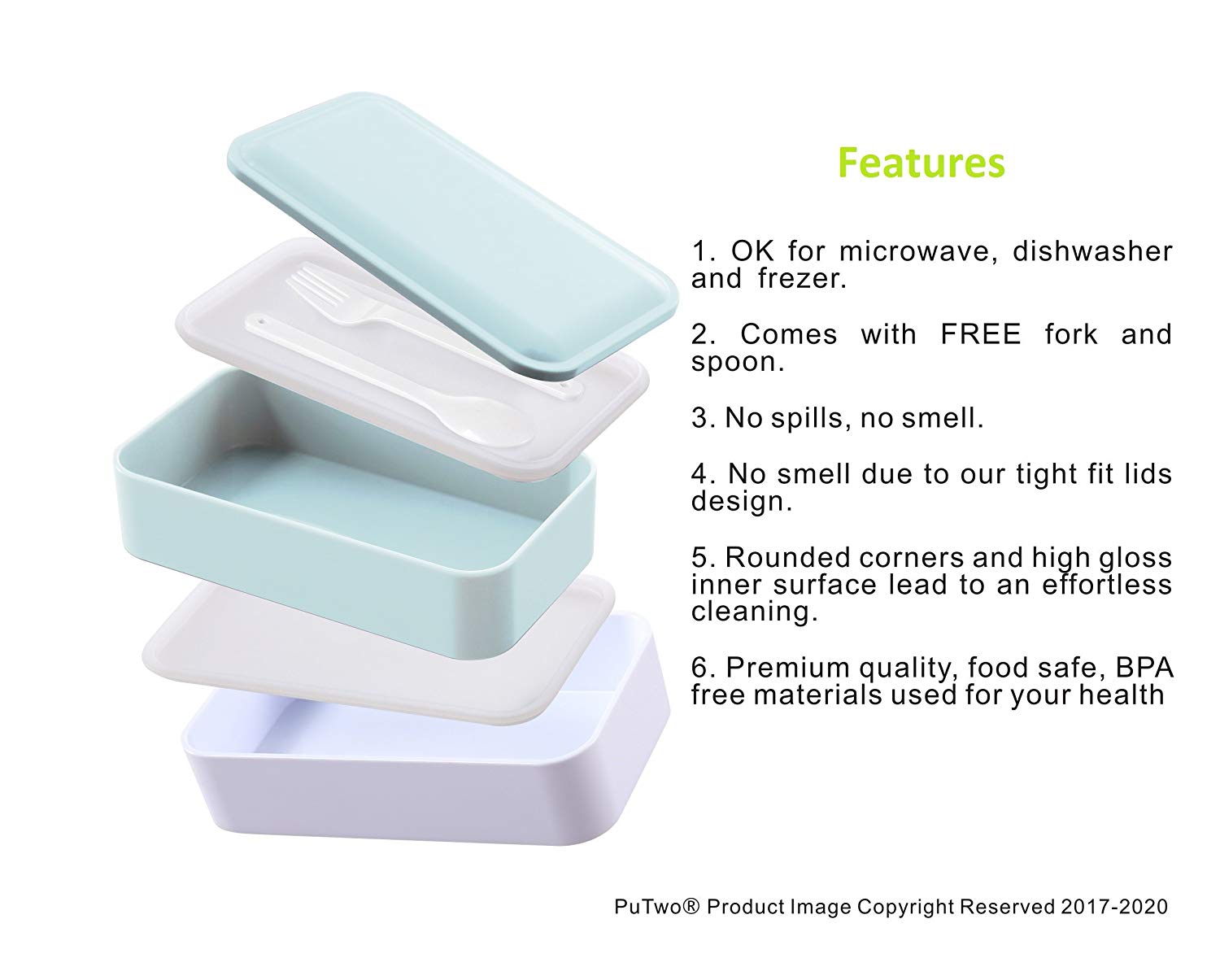 Bento Box 2 Tiers Bento Lunch Box Lunch Boxes with Reusable Cutlery Japanese Style for Microwave Freezer Dishwasher Bento Boxes for Kids Adults Work School - Pastel Blue PuTwo - image 2 of 6