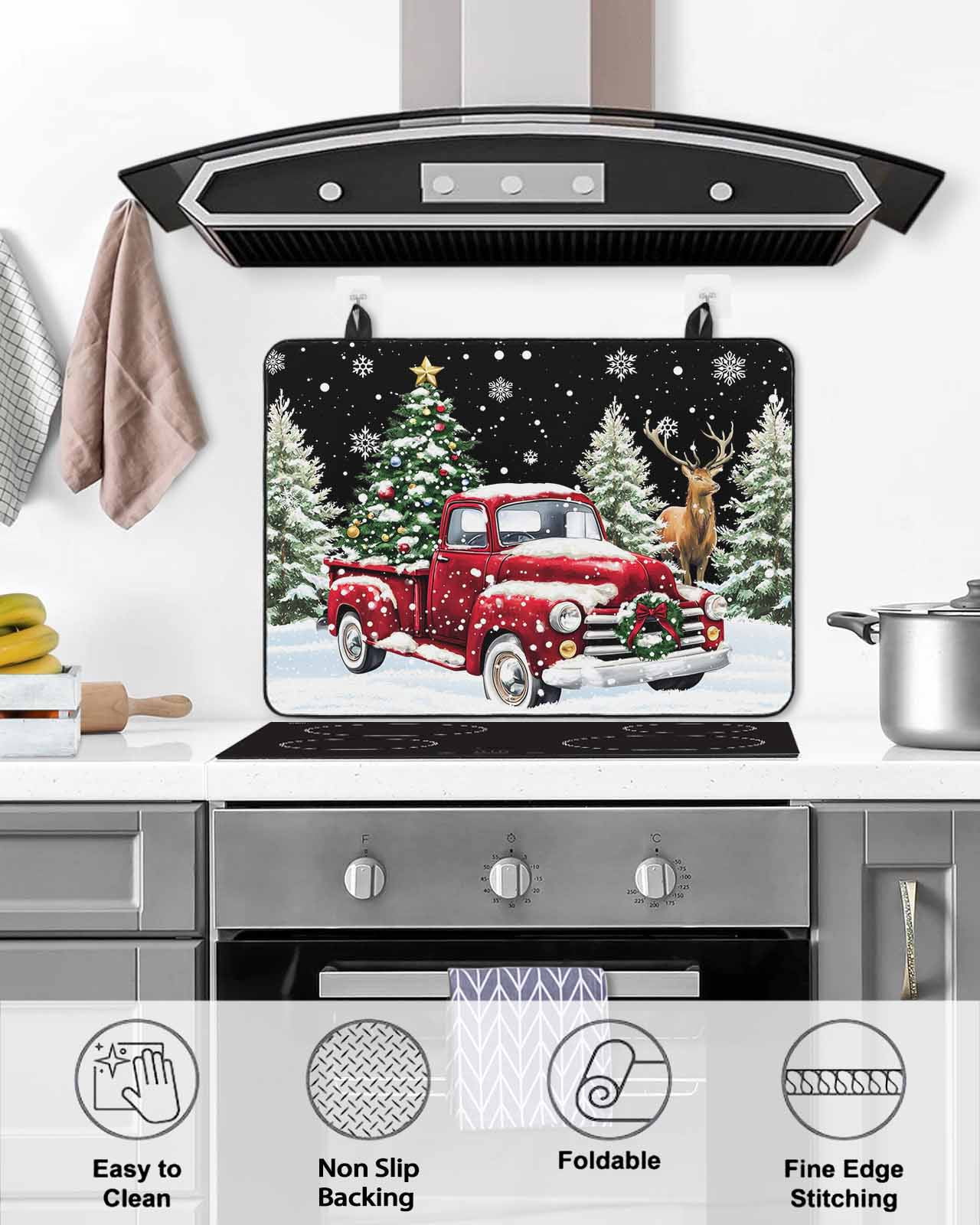 Large Induction Cooktop Protector Mat Christmas Truck Stove Top Covers for Electric Stove, Winter Snowflakes Xmas Tree Deer Black Decorative Stove Burner Cover Mats, Glass Top Stove Cover