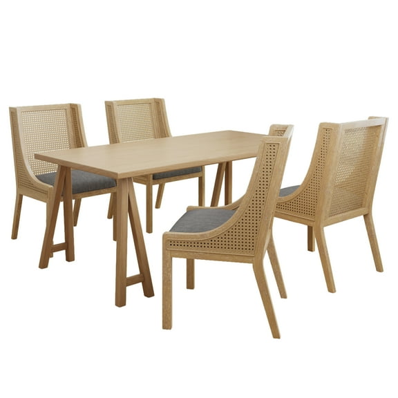 GDF Studio 5-Piece Rubberwood Dining Set with Cushioned Seats, Cane Rattan Webbing, Natural and Charcoal Gray Finish, Seats 4