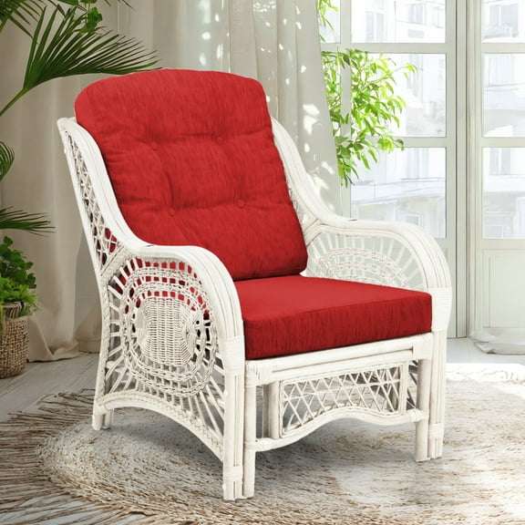 Malibu Lounge Armchair ECO Natural Rattan Wicker Handmade Design with Burgundy Cushion, White Wash