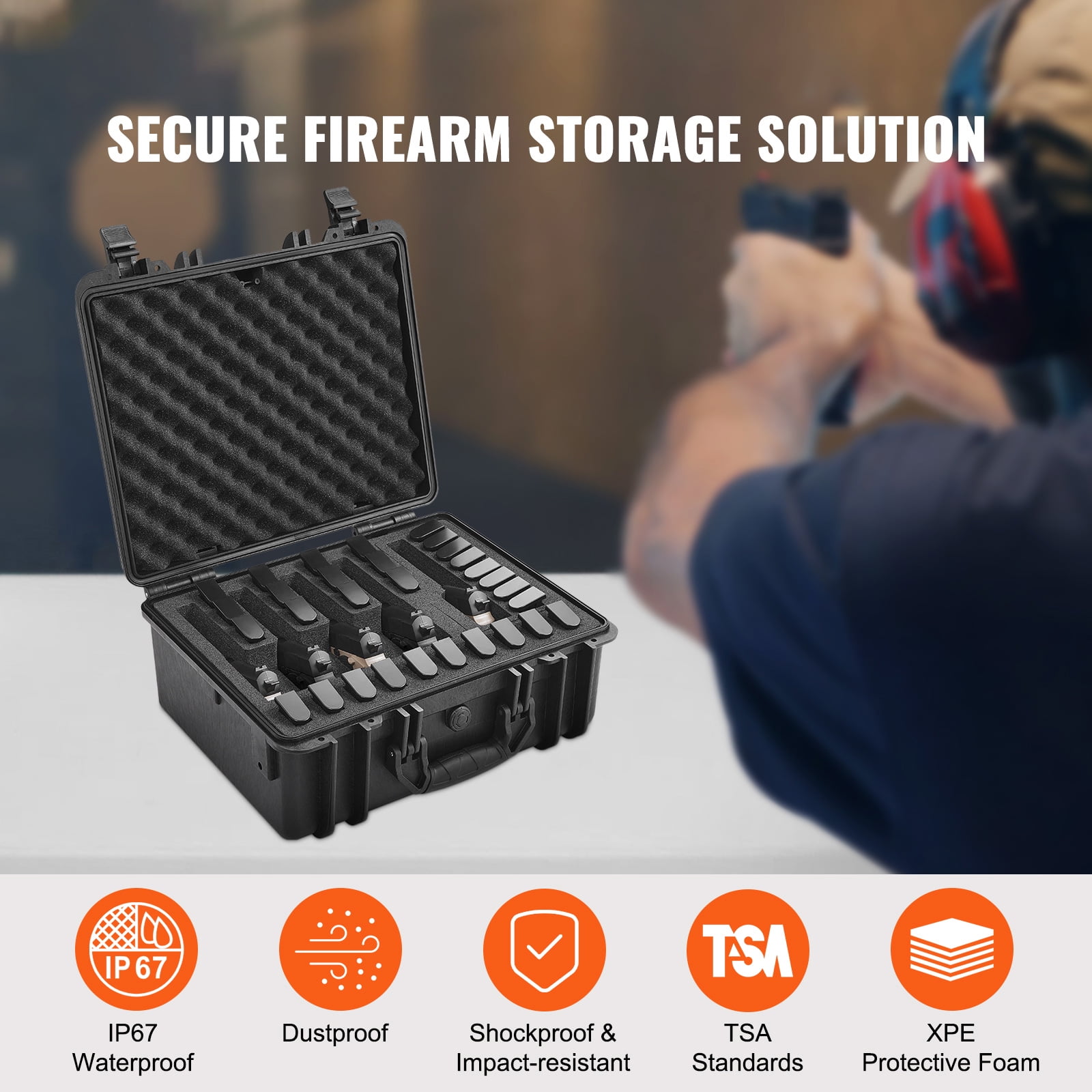 KFFKFF Durable Pistol Containers, Water-Resistant & Dust-Free, Secure Storage for Up to 5 Pistols, Dimensions 18.9x16.3x8.5 Inches, Features Lock Mechanism, Color: Black
