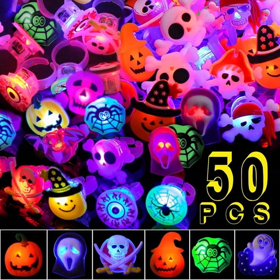 Monebena 50Pcs Halloween Party Favors for Kids, LED Light Up Rings Halloween Toys for Trick Or Treat, Flash Finger Rings Glow in the Dark Party Supplies, Halloween Goodie Bag Fillers
