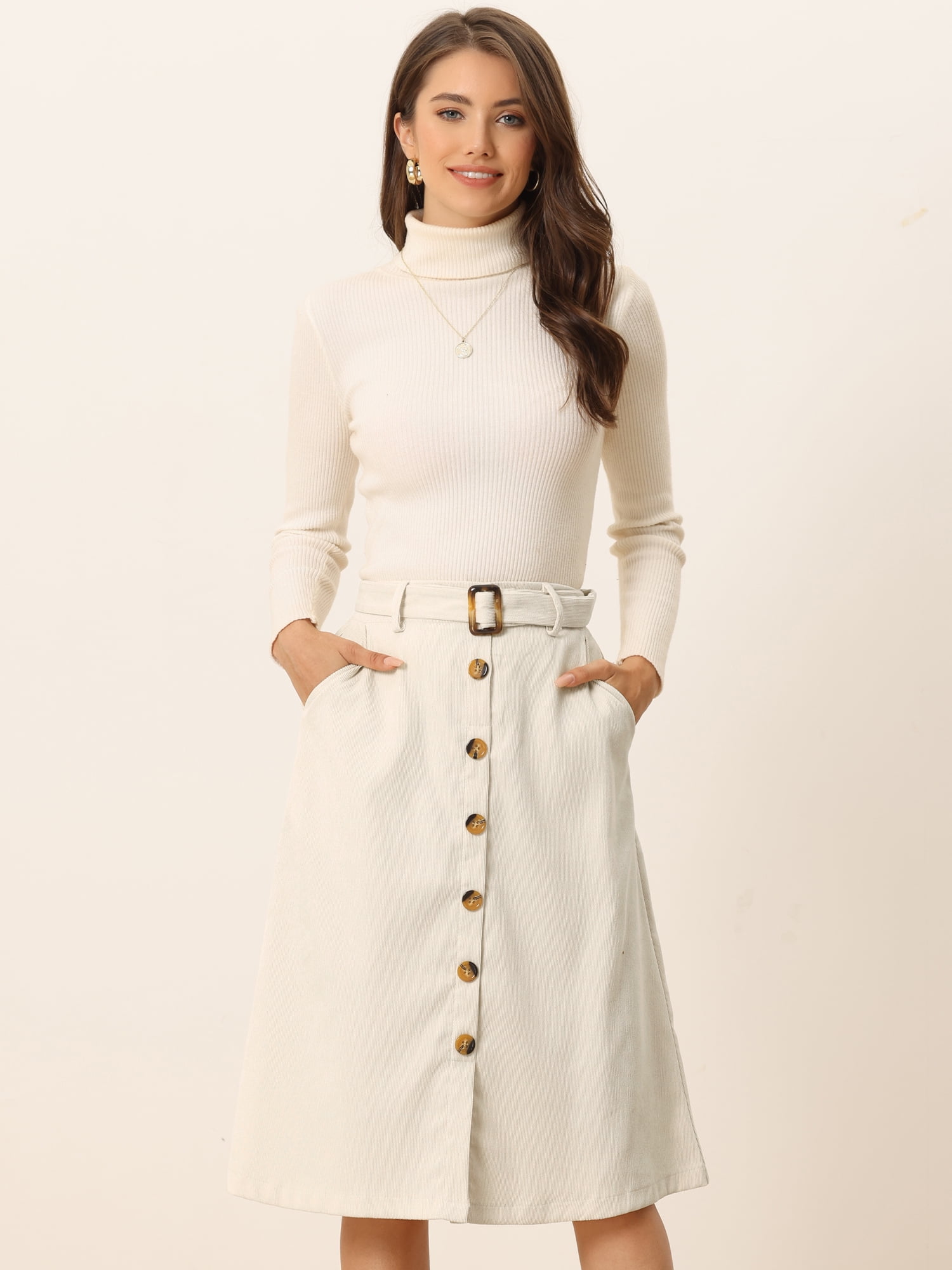 DARING DIVA Women's A-Line Button Front Belted Midi Skirts M Cream