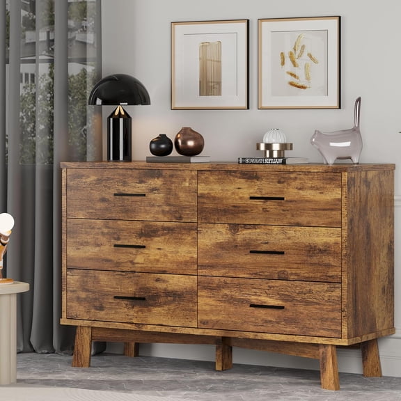 FANRAL 6 Drawer Dresser for Bedroom,Wood Modern Chest of Drawers with X-Shaped Sturdy Base,Brown Dresser