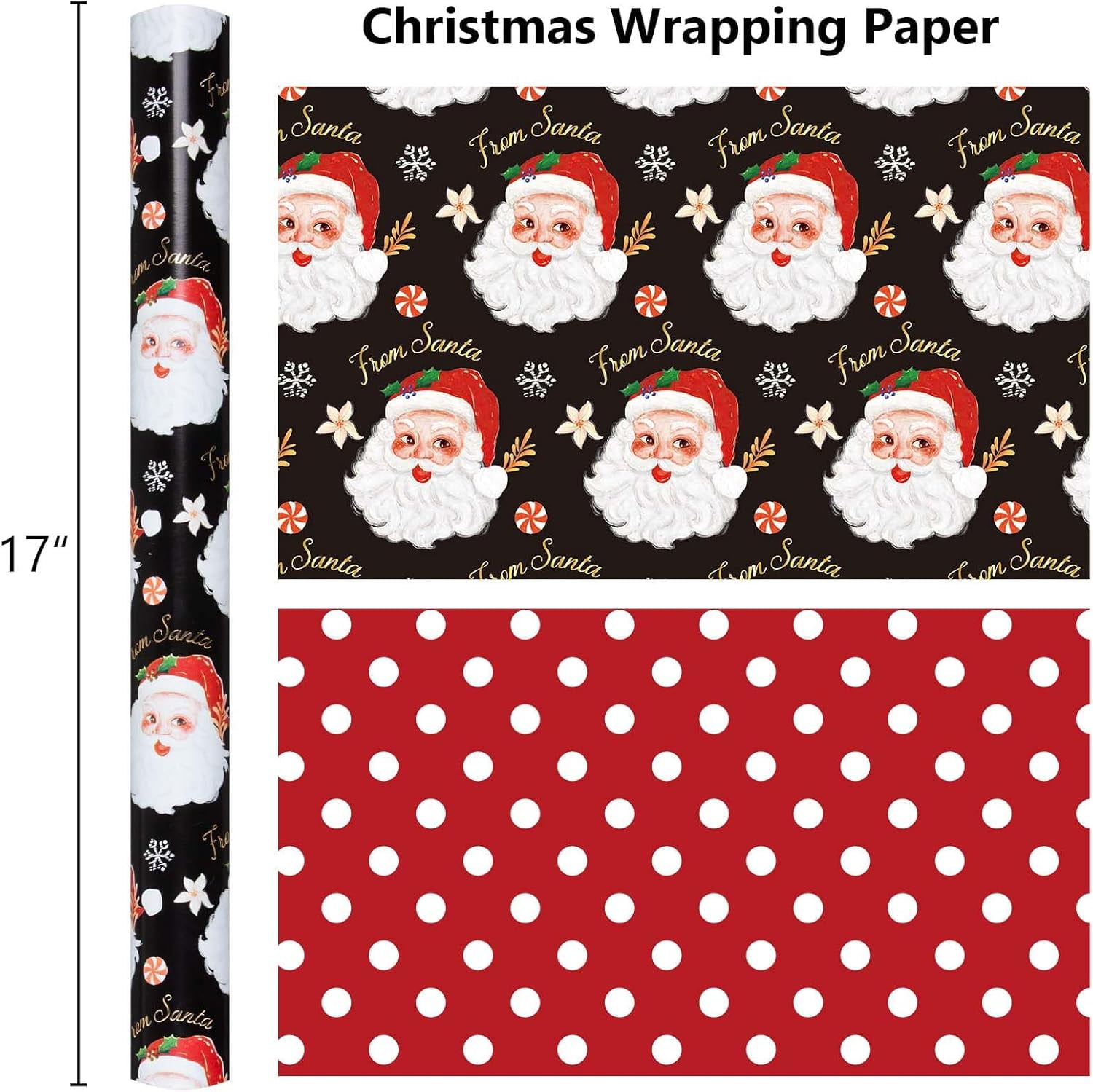 Christmas Wrapping Paper, Reversible Black Santa, Red Dot Design Gift Wrapping Paper Suitable for Christmas, Mini Roll (17 Inch X 32.8 Feet)