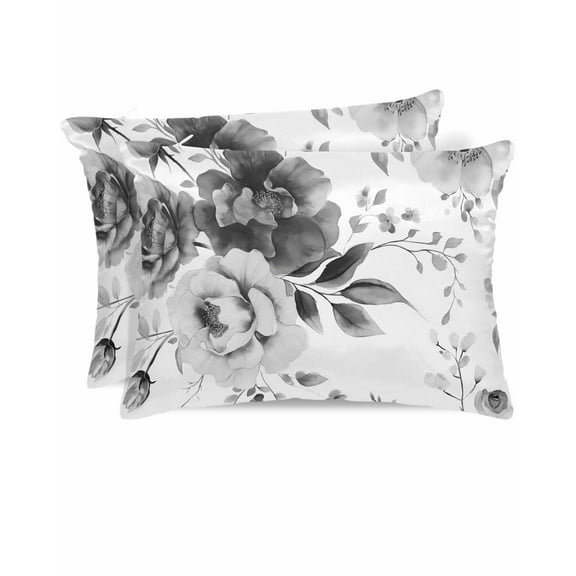 Hokiten King Size Pillow Cases Set of 2, Pillow Covers for Bed, Grey Floral Art Satin Pillowcases with Zipper for Hair/Skin, Pillow Protector Cover, Watercolor Botanical Spring Flowers 20x36 Inches