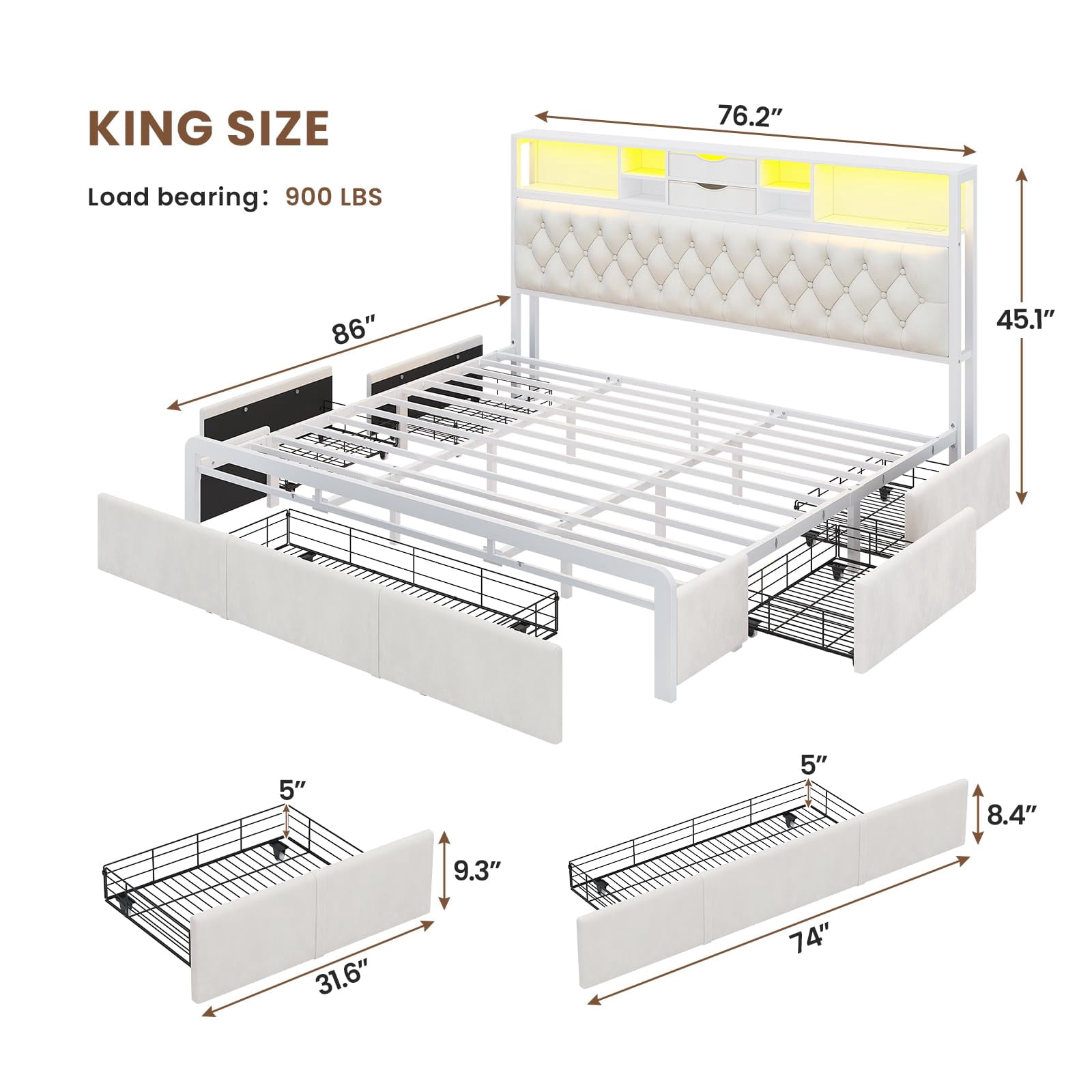 King Size Bed Frame with LED Lights & Charging Station Velvet Upholstered Queen Platform Bed with 5 Storage Drawers and Headboard,No Noise,Beige