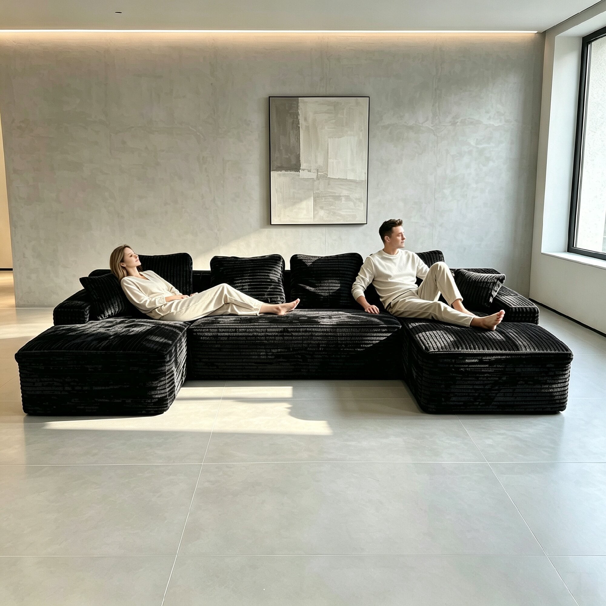 Howcool 131" U‑Shaped Modular Sectional Sofa with Deep Seat Chaise,Corduroy 4‑Seat Boneless Cloud Couch,Compressed Sofa for Living Room,No Assembly Required,Black