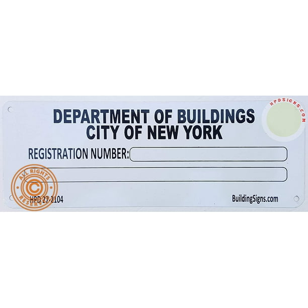 NYC HPD Building Registration Number Sign (White, 3x8 inch, Aluminium