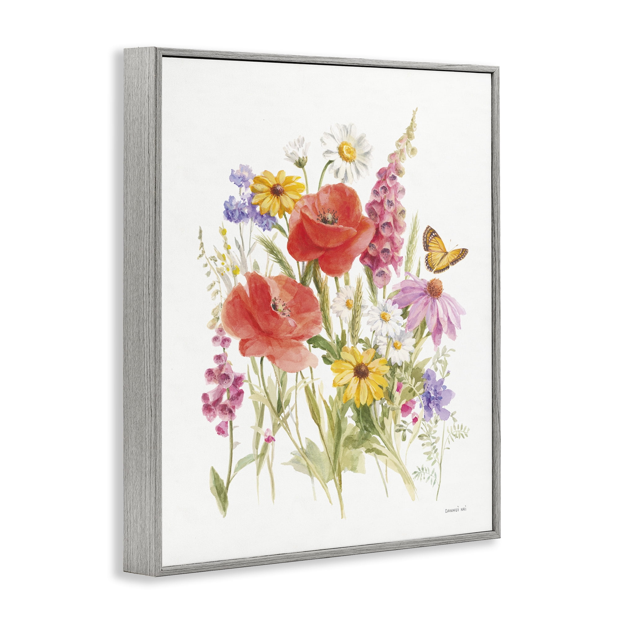 Stupell Industries Bright Flowers & Butterfly Botanical & Floral Painting Gray Framed Art Print Wall Art, 11 x 14