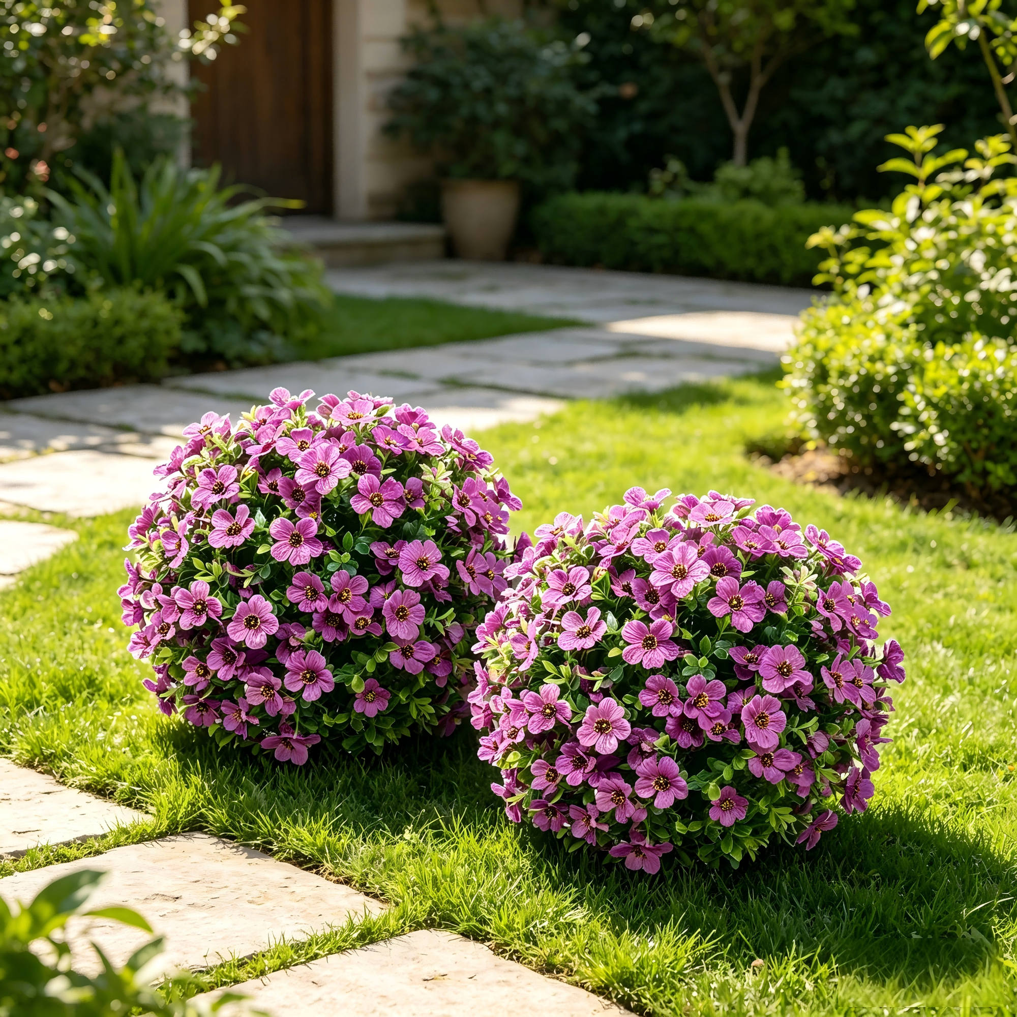Set of 2 Artificial Violet Flower Topiary Ball, 23.6" UV Resistant Fake Flower Plant with Ground Spike for Outdoor Patio Garden Decor