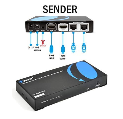 OREI 1X2 HDMI Extender Splitter Over Single CAT6/7 Cable Uncompressed 1080P With IR Remote EDID - Up to 132 Ft - Loop Out (HD12-EX132-K)