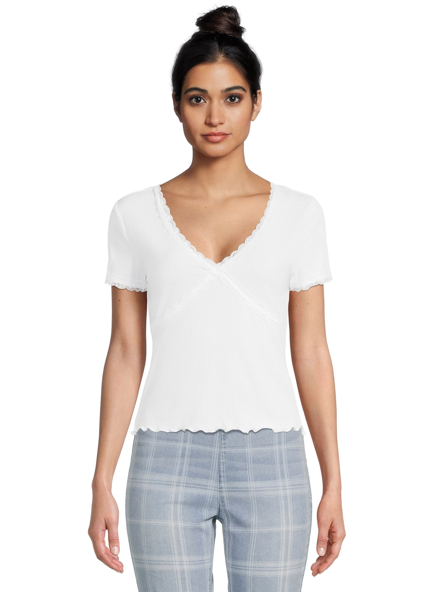 No Boundaries Juniors Lace Trim Ribbed TShirt, Sizes XSXXXL