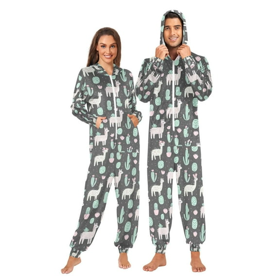 FORMRS Onesies Pajama for Adults Unisex Hoodie Winter Jumpsuit One Piece Sleepwear, Sizes S-2XL, Cute Llamas Pattern