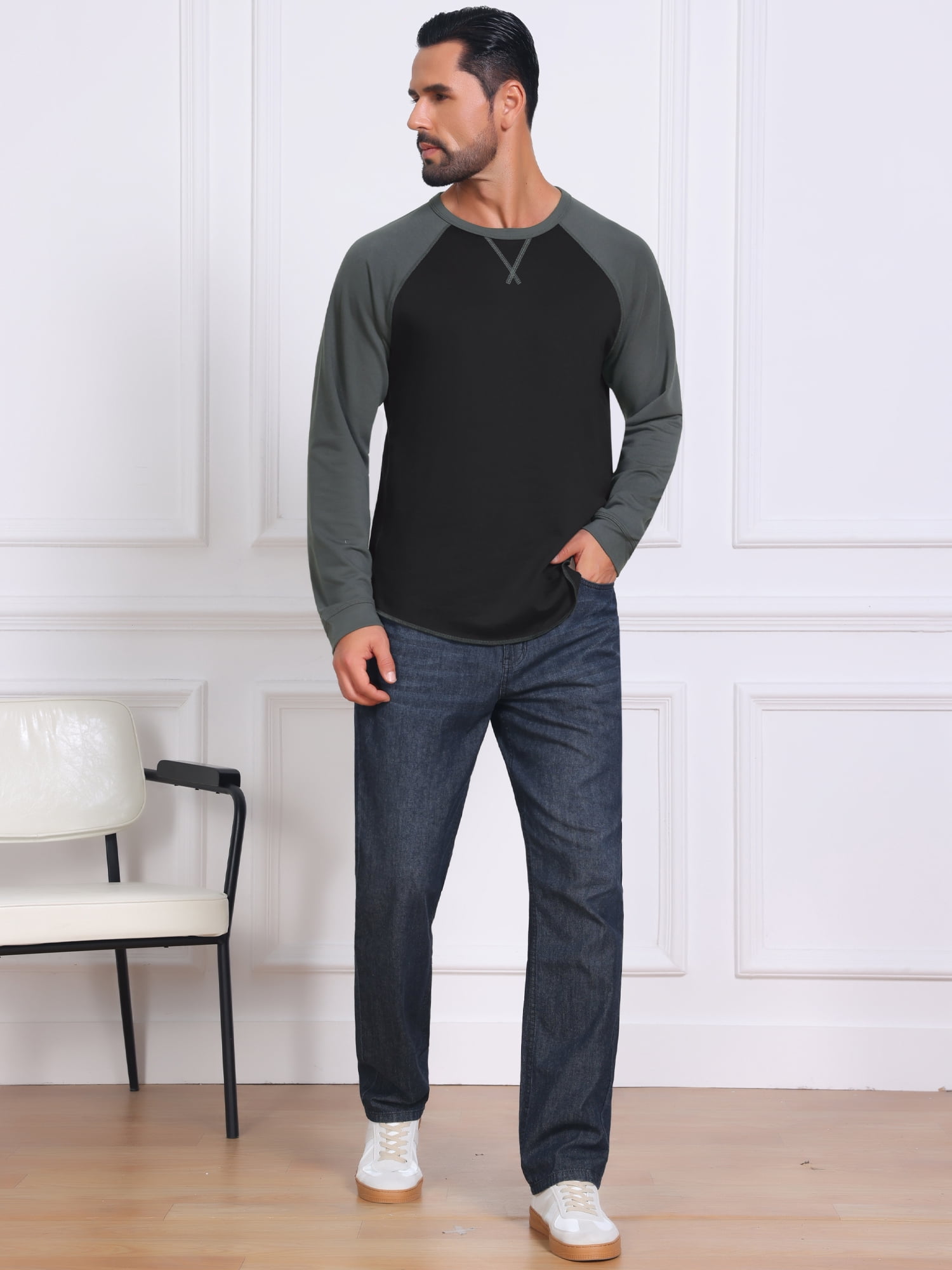 DARING DIVA Men's Long Sleeve Color Block Casual Raglan T-Shirt S Gray Black