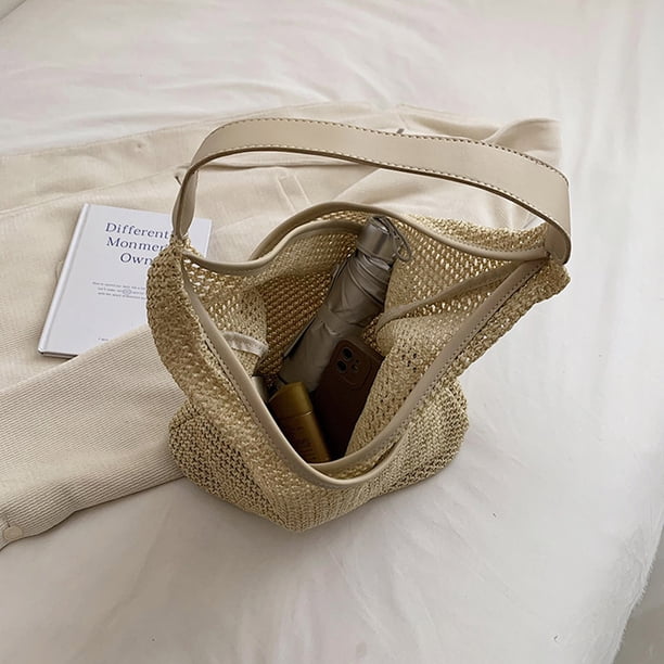 Bolsas de hombro tejidos Costura de PU Bolsas de playa de gran capacidad Bolsas de mano (Caqui) Ndcxsfigh Para Estrenar