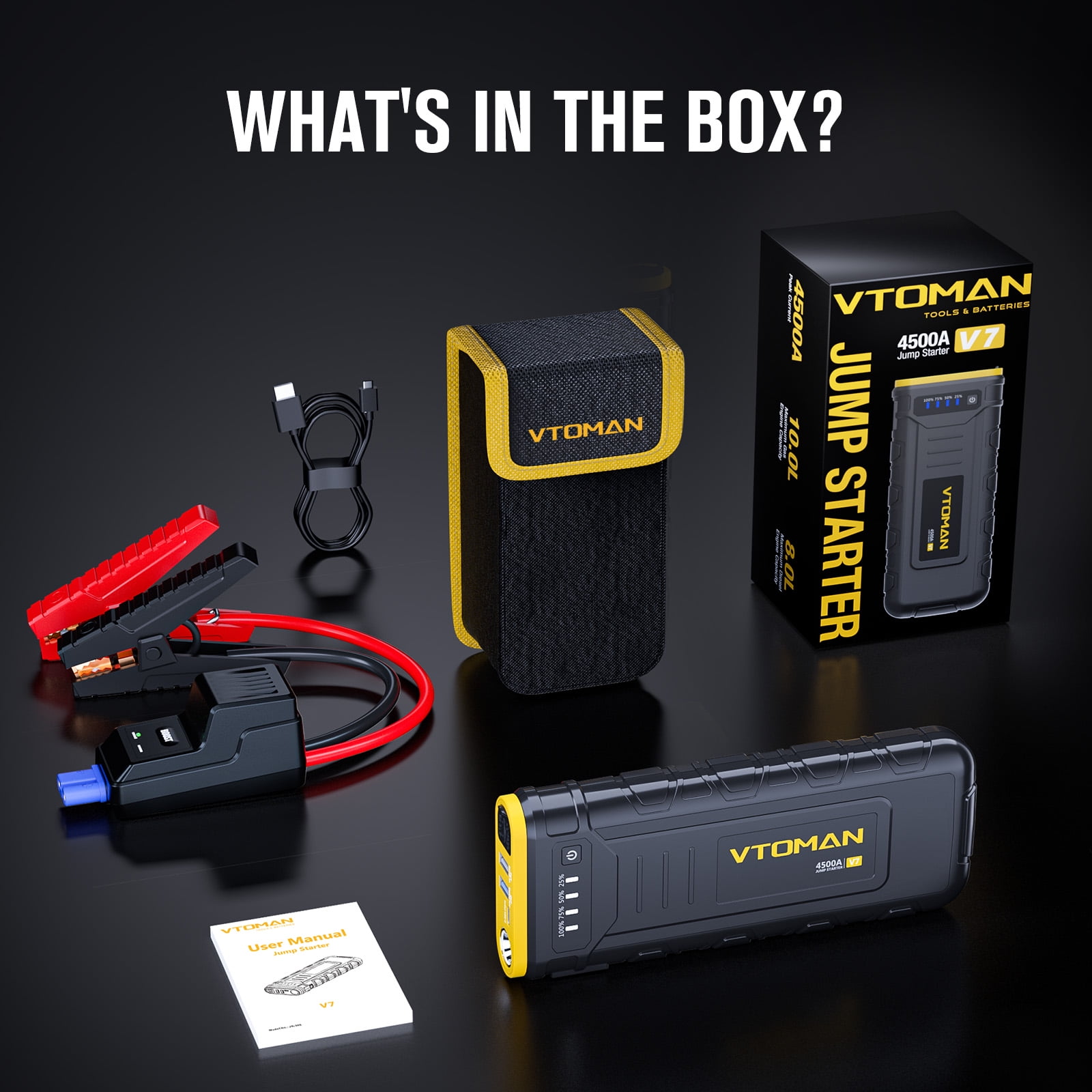 VTOMAN V7 Jump Starter, 4500A Car Battery Jumper Starter for 12V Vehicles (10L Gas/8L Diesel), Portable Jump Box with Fast-Charging & Jumper Cables