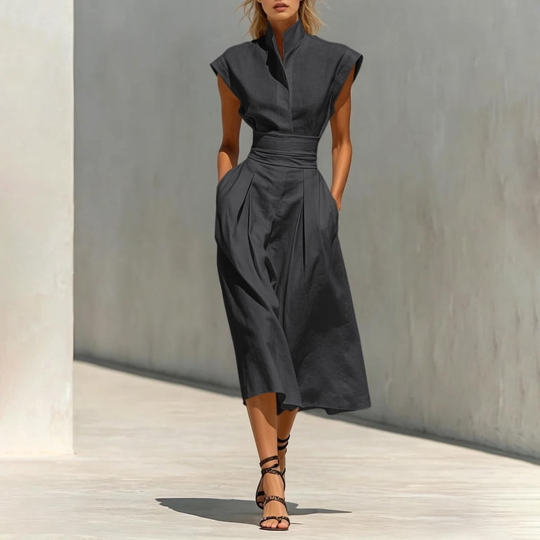 midi summer dress for work Kvture Elegant V Neck Midi Dress for Women Sleeveless A Line Business Work  Long Dresses Lightweight Summer Dress Black Dress XL