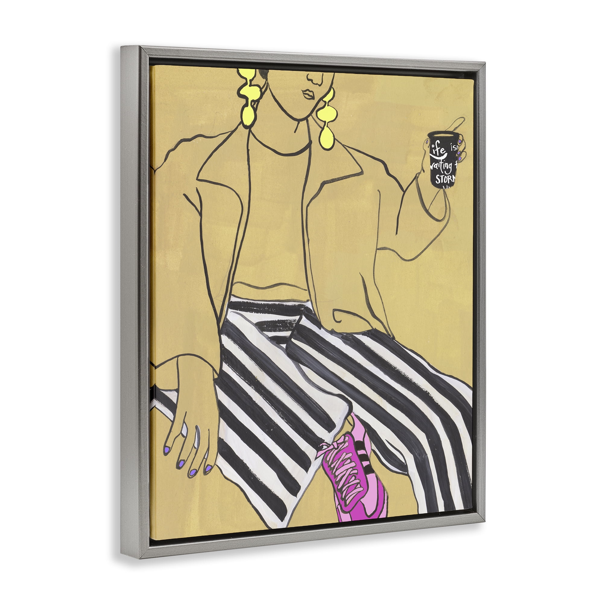 Stupell Industries Fashion Girl in Stripes Gray Framed Floater Canvas Wall Art, design by Melissa Wang