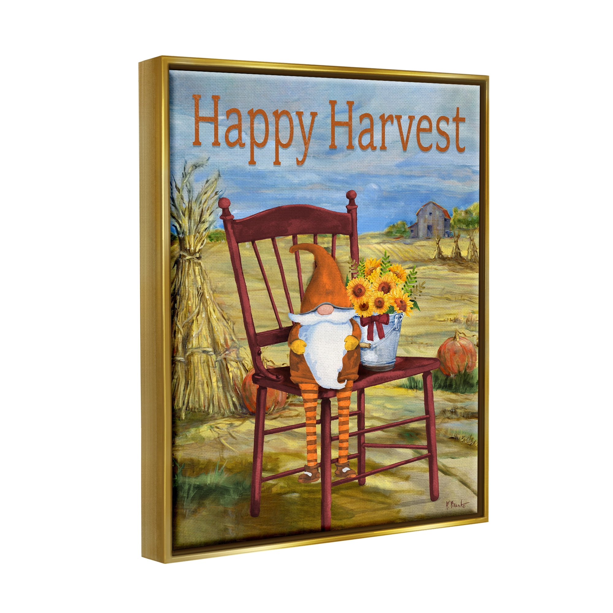 Stupell Industries Happy Harvest Country Gnome Landscape Painting Gold Floater Framed Canvas Art Print Wall Art, 25 x 31
