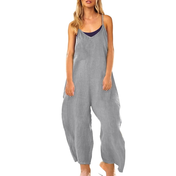 Gibobby Monos Holgados Mono sin mangas con cuello en V para mujer, informal, liso, de verano, con pierna ancha, pantalones con pechera, mono con botones y bolsillos con botone(Gris, XXL)