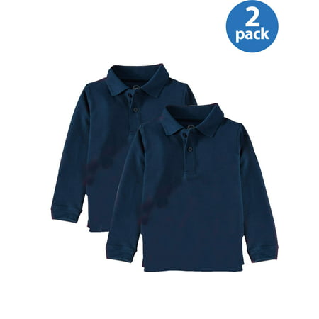 Wonder Nation Toddler Boys School Uniform Long Sleeve Double Pique Polo, 2-Pack Value Bundle (Toddler Boys)