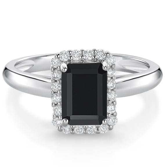 Gem Stone King 1.13 Ct Octagon Black Onyx G/H Lab Grown Diamond 10K White Gold Halo Engagement Ring (Size 9)