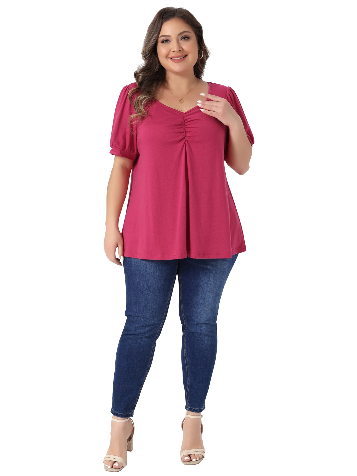 DARING DIVA Women's Plus Neck Puff Sleeve Casual Blouse Tee Shirt 2X Rose Red