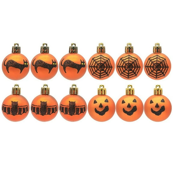 Halloween Ball Ornaments for Tree Halloween Tree Decorations Pumpkin Black Cat Spider Web Bat Ornaments Decor with Sequins for Holiday Decoration, 12 Pcs, 1.57x1.97"