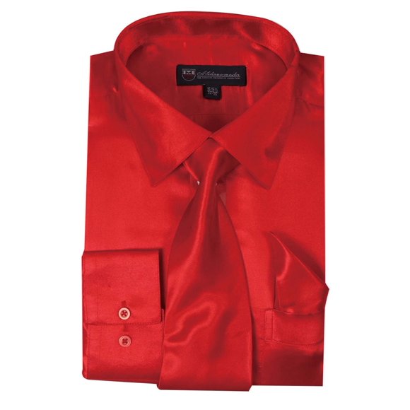 Milano Moda Satin Classic Dress Shirts with Tie & Hankie SG08-Red-17-17 1/2-34-35