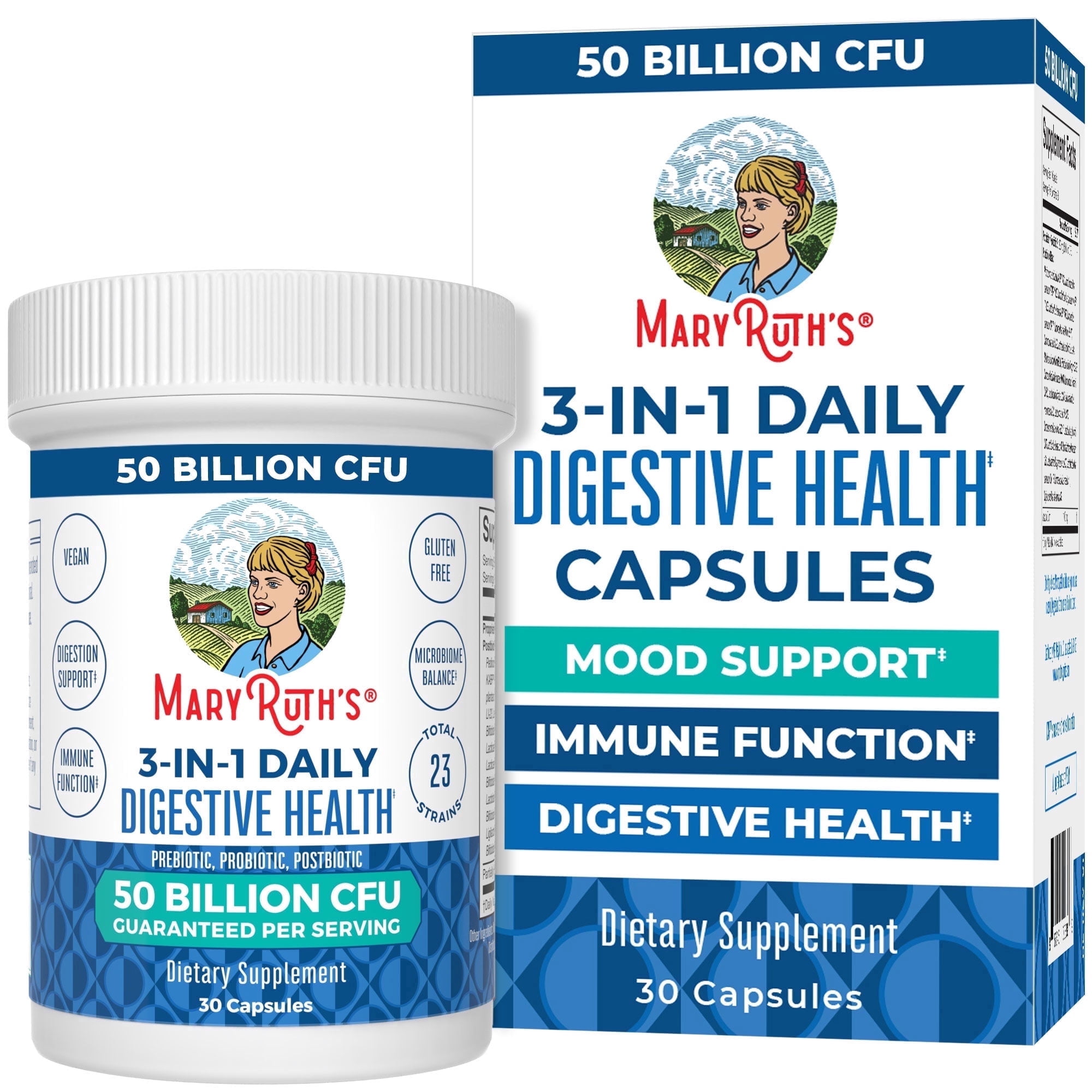 (3 pack) MaryRuth's 3-in-1 Probiotics Digestive and Gut Health 50 Billion CFU Vegan Dairy-Free for Women and Men 30 Servings One Bottle 30 Count
