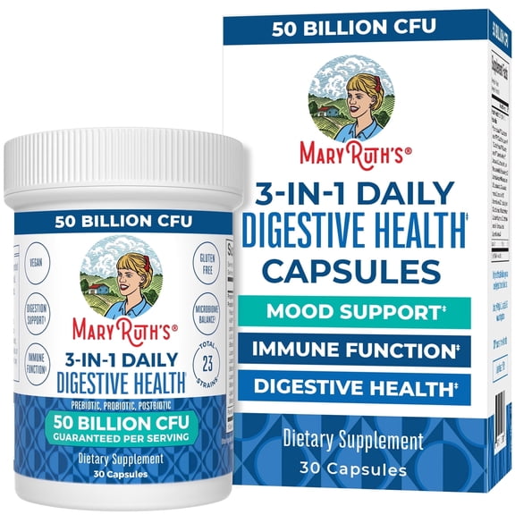 MaryRuth's 3-in-1 Probiotics Digestive and Gut Health 50 Billion CFU Vegan Dairy-Free for Women and Men 30 Servings One Bottle 30 Count