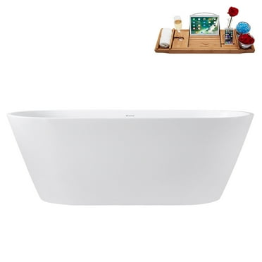 59" Streamline G-50-223-BGL Soaking Glossy White Freestanding Tub and Tray With Internal Drain in Brushed Gold