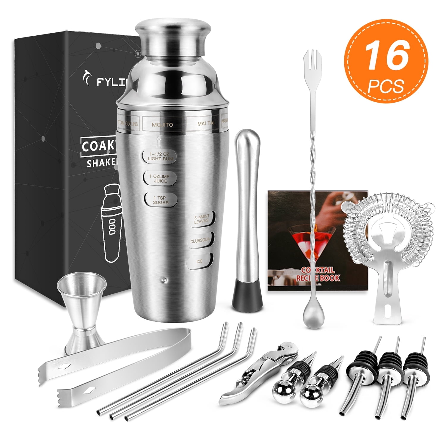 16pc Bartender Cocktail Shaker Set, Stainless Steel Bartender Kit Bar Tool Set