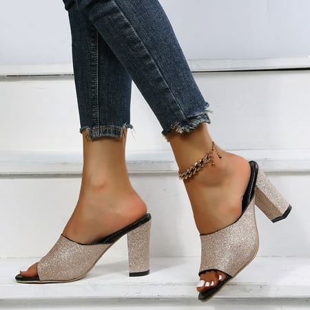 

Gzztg Slippers for Women Coarse Heel High Heel Slippers For Women Straight Line Sequins Fish Mouth Sandals For Women