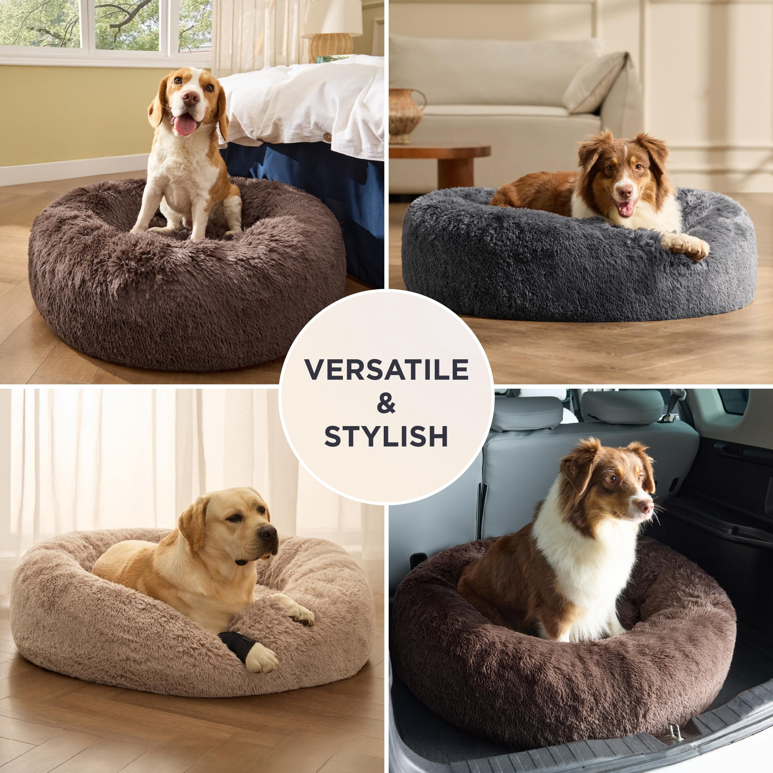 Lohol Calming Dog Beds Large Sized Dog - 36in Donut Washable Large Pet Bed,Anti-Slip ＆Removable Cover,420GSM Round Anti-Anxiety Fluffy Plush Faux Fur Bed, Fits up to 80 lbs Pets,Plus Version