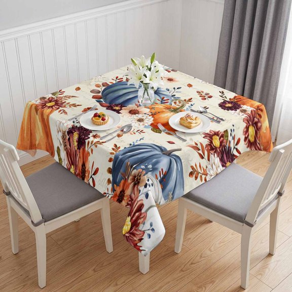 Orange Blue Fall Pumpkins Table Cloth Waterproof Tablecloths, Floral Botanical Thanksgiving Retro Tablecloth Dining Table Cover for Kitchen Party Tabletop Outdoor, Square Tablecloth 54x54 Inch