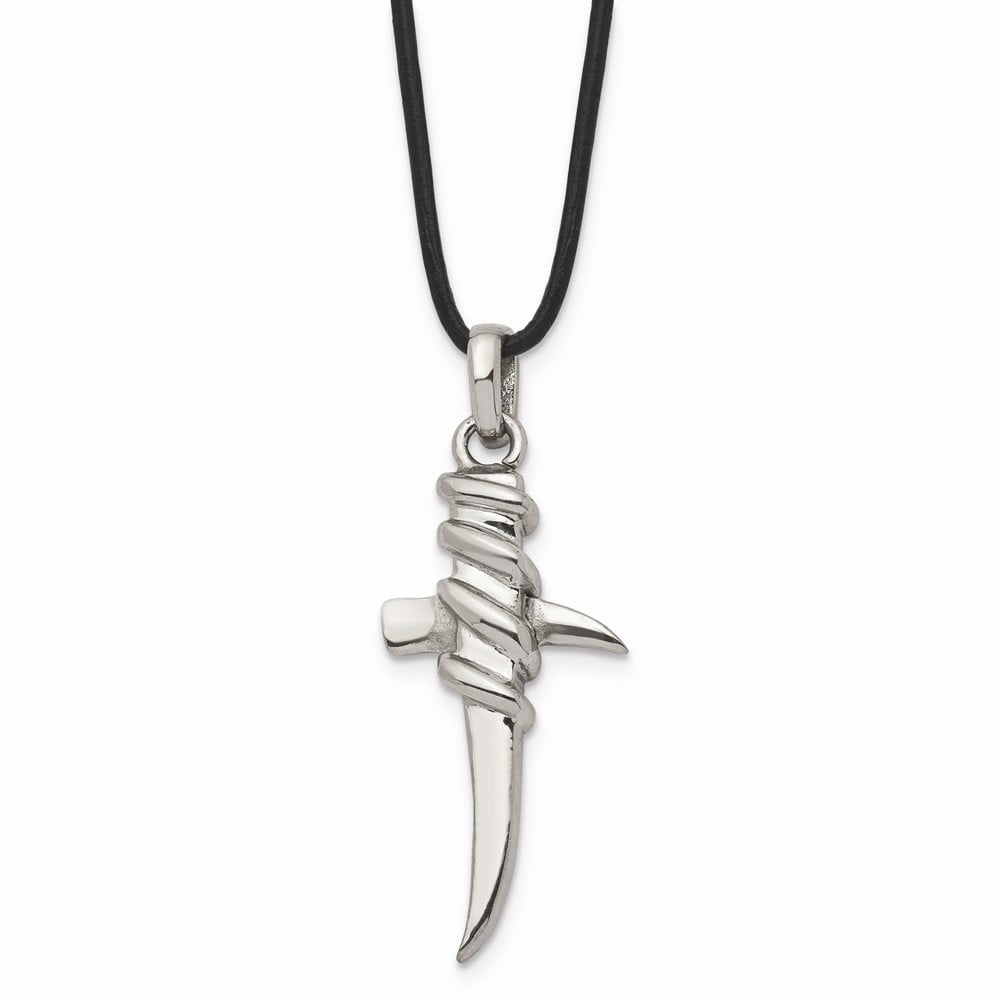 Stainless Steel Polished Leather Cord Cross Necklace; 20 inch; Lobster