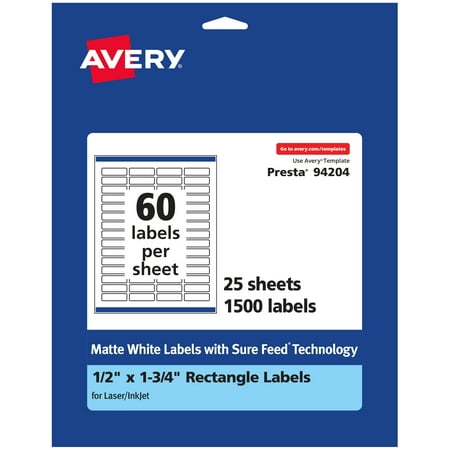 UPC: 0194793020458 | Avery Matte White Rectangle Labels with Sure Feed  .5  x 1.75   1 500 Matte White Printable Labels