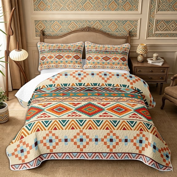 Castle Fairy Vintage Hippie Strip Twin Quilt Set 2 Pieces,Boho Tribal Geometric Twin Coverlet Set,Terracotta Teal Cream,1 Bedspread and 1 Pillowcase