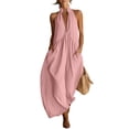 thumbnail image 4 of fheaev Women's Maxi Dress Linen Halter Neck Sleeveless Pleated Backless with Pockets Solid for Vacation Pink XL, 4 of 6