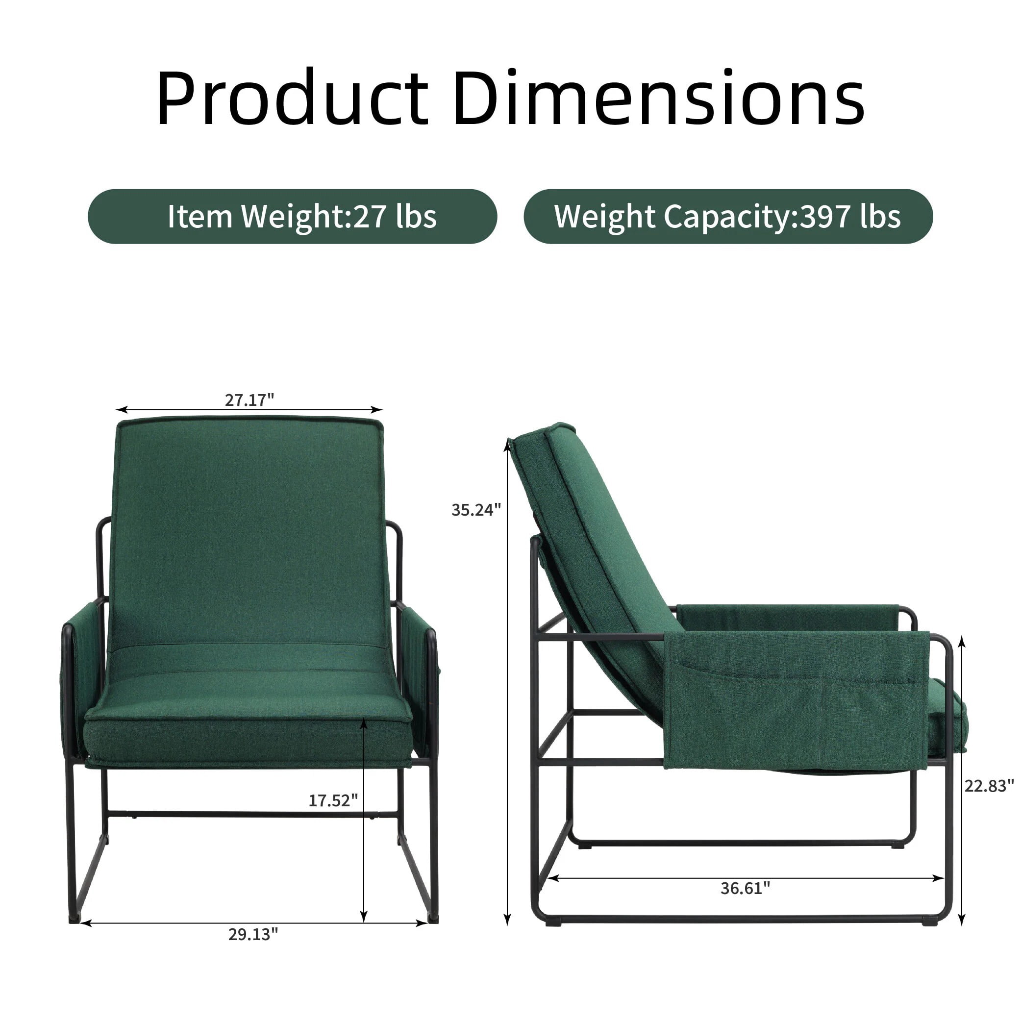 Avobird Modern Accent Chair for Living Room, Bedroom, Office, Vanity Chair with Storage Bag & Removable Cushion, Green