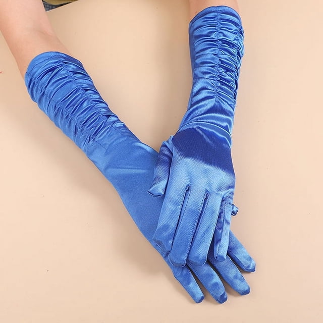 Namzi Gants de Soirée en Satin Manches Longues Rétro pour Dames Mariage Opera Fête-Bleu