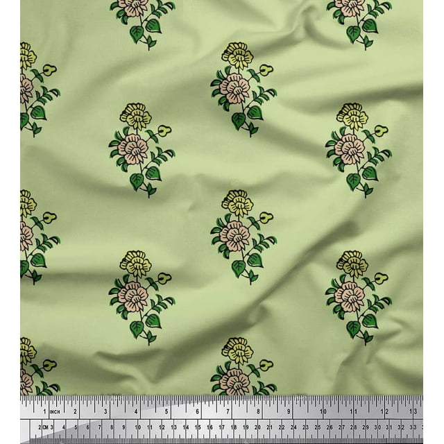 Soimoi Crepe Silk Fabric Leaves & Floral Block Print Sewing Fabric Yard 42 Inch Wide