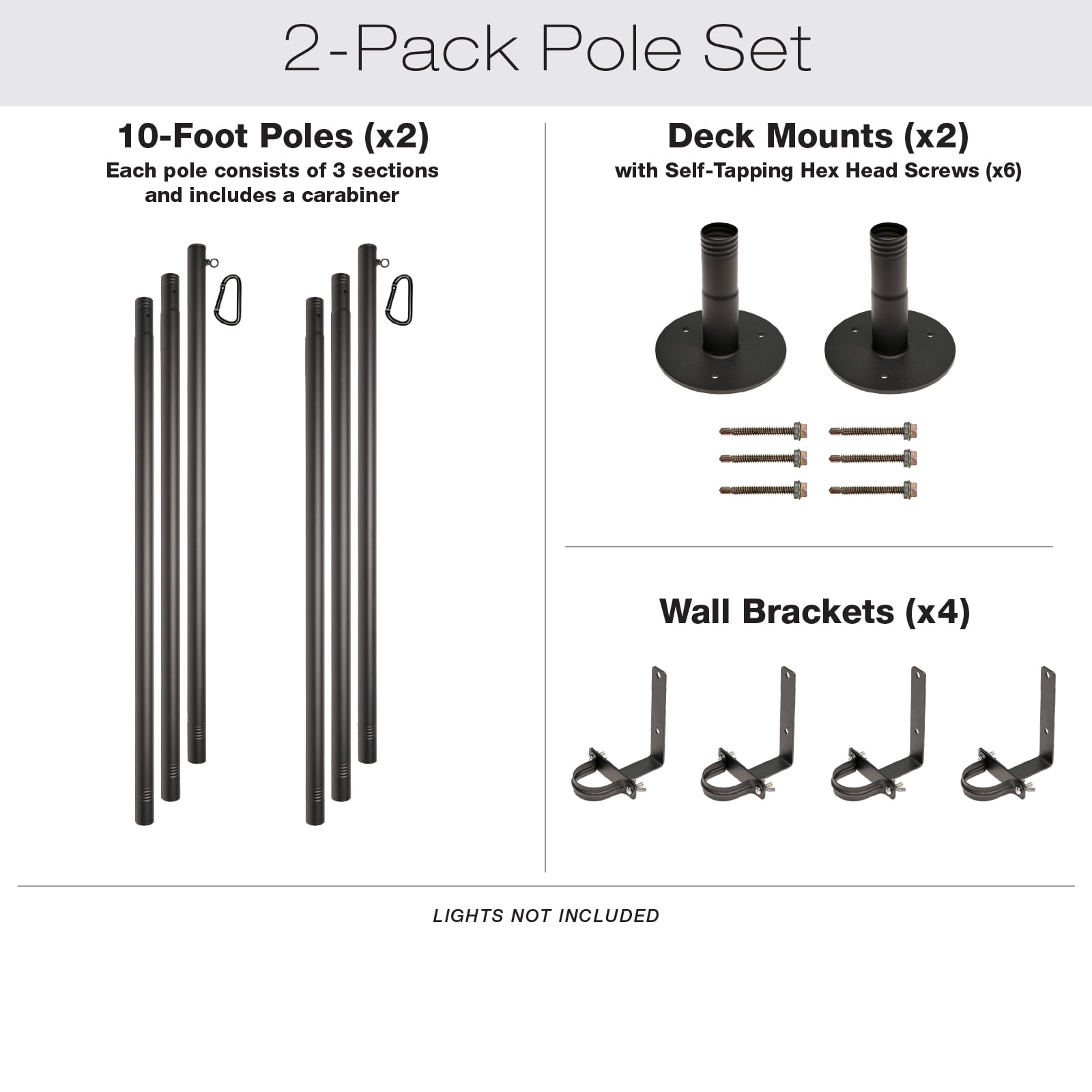 Excello Global Products Premium String Light Poles -2 Pack - Extends to 10 Feet – Deck Mount (Wood/Concrete) - EGP-LP-V2-2-DK