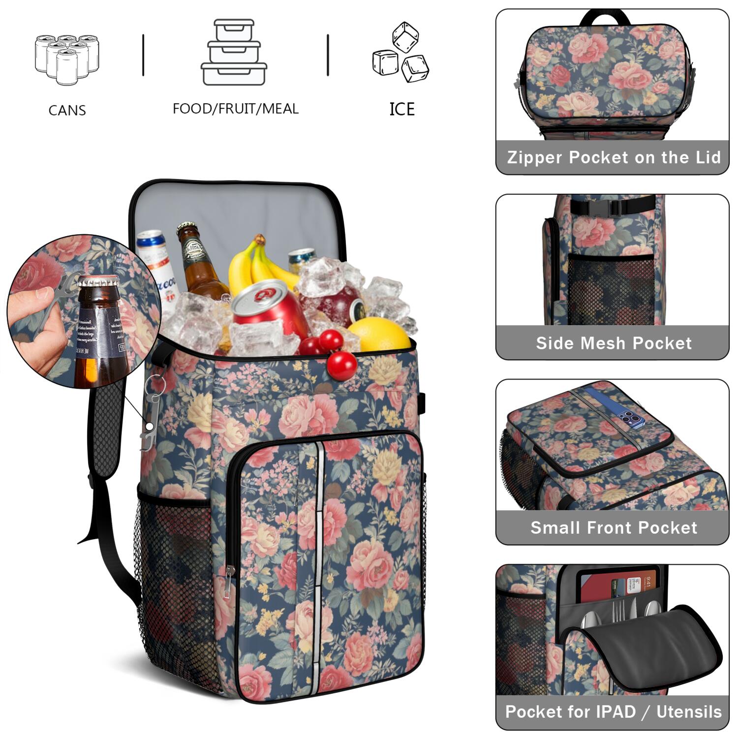 Travel Cooler Bag - Pioneer Flower Camping Beer Cooler Backpack with Bottle Opener- Waterproof Insulated Picnic Backpacks - Cooler Bag for Beach