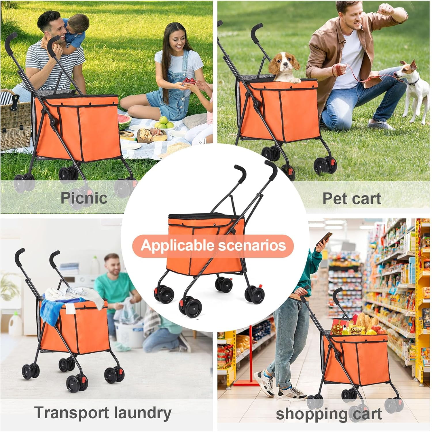 Dog Strollers, Shopping Cart, Collapsible Folding Utility Wagons Carts Heavy Duty, The Original Patented, 60lbs Capacity, Minimalist for Cats Pets Outdoor Camping Shopping Sports Garden (Orange)
